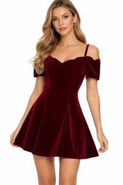 1990s Roberta Burgundy Velvet Off Shoulder Party Dress USA made Medium